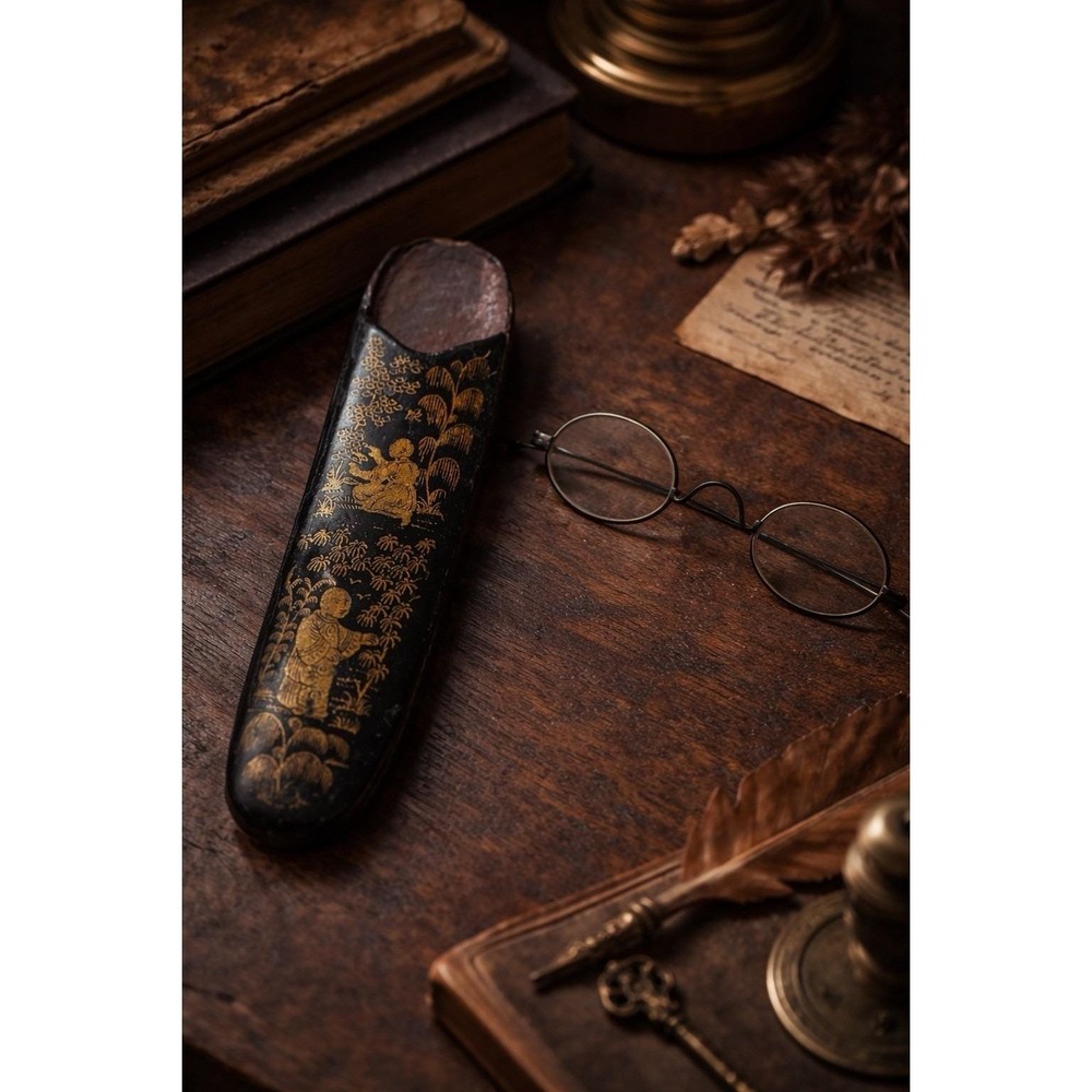 Antique Wire Rim Spectacles w/ Asian Lacquer Case Papier Mache‎ Glasses Holder